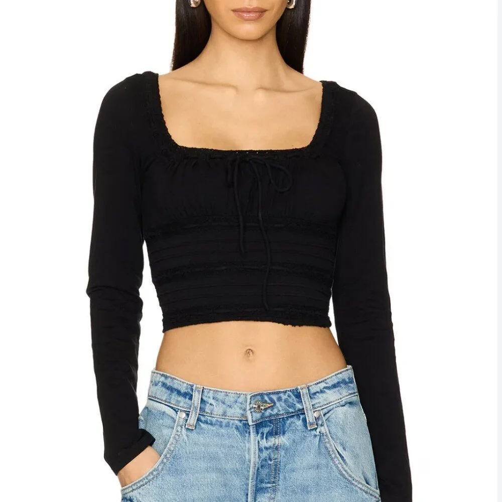 Free People Scarlet Smocked Long Sleeve in Black size small